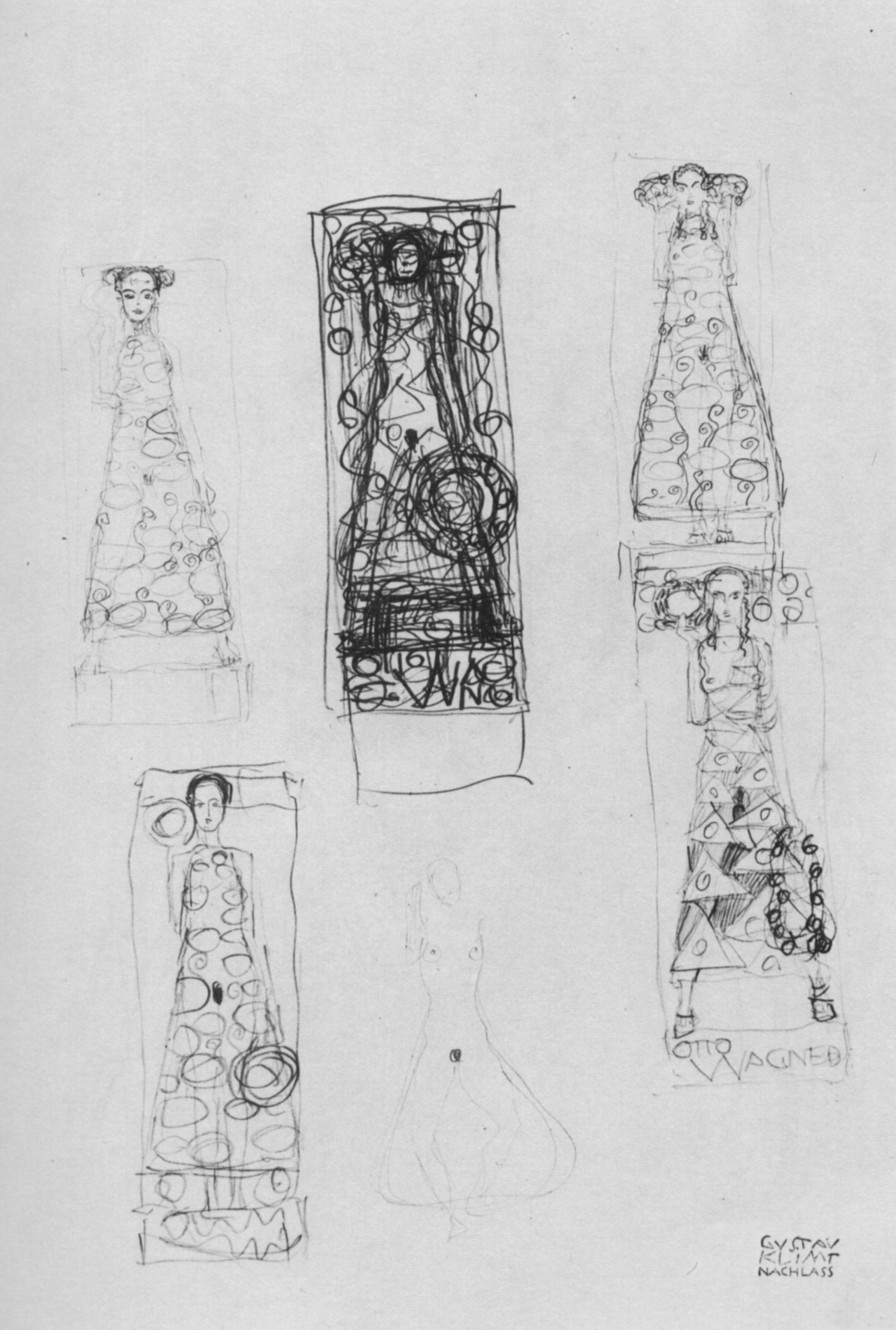 Gustav Klimt - Sechs Skizzen einer frontal stehenden Figur 1911